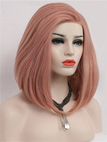 Short Coral Pink Bob Synthetic Lace Front Wig - FashionLoveHunter