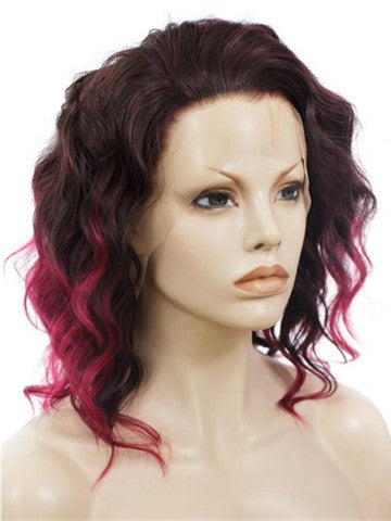 Short Burgundy Rihanna Style Wave Synthetic Lace Front Wig - FashionLoveHunter