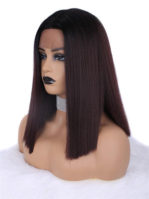 Short Dark Wine Red Ombre Synthetic Lace Front Wig