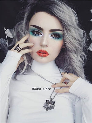 Short Gray Ombre Wave Synthetic Lace Front Wig - FashionLoveHunter
