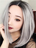 Short Grey Ombre Bob Synthetic Lace Front Wig - FashionLoveHunter