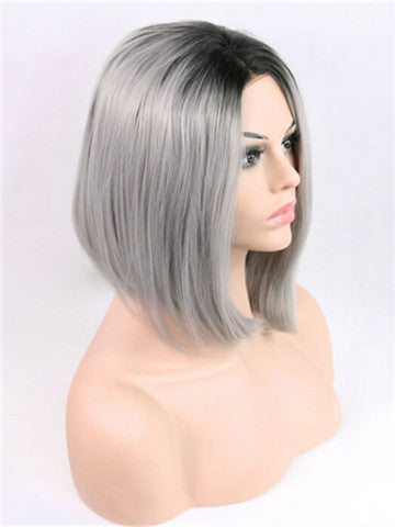 Short Grey Ombre Bob Synthetic Lace Front Wig - FashionLoveHunter
