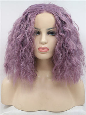 Short Lavender Purple Wet Curly Synthetic Lace Front Wig - FashionLoveHunter