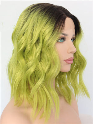 Short Olive Lime Yellow Green Ombre Wave Synthetic Lace Front Wig