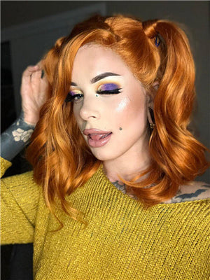 Short Orange Mullet GoldenRod Wave Synthetic Lace Front Wig