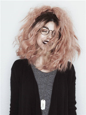 Short Peach Pink Ombre Bob Curly Synthetic Lace Front Wig - FashionLoveHunter