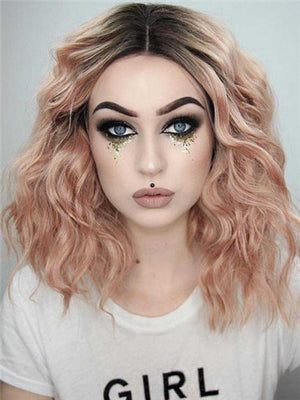 Short Peach Pink Ombre Bob Curly Synthetic Lace Front Wig - FashionLoveHunter