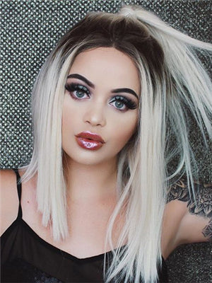 Short Platinum Blond Ombre Straight Synthetic Lace Front Wig - FashionLoveHunter