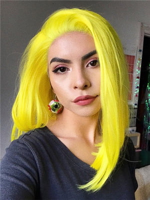 Short Scabish Lemon Yellow Synthetic Lace Front Wig - FashionLoveHunter