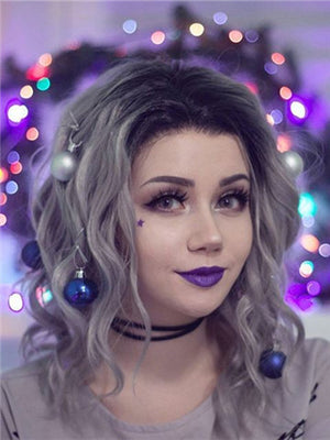 Short Stylish Silver Grey Ombre Wavy Synthetic Lace Front Wig - FashionLoveHunter