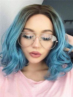Short Teal Blue Ombre Bob Synthetic Lace Front Wig - FashionLoveHunter