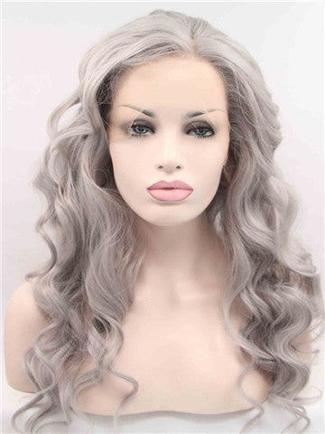Long Pepper Silver Grey Wave Synthetic Lace Front Wig - FashionLoveHunter