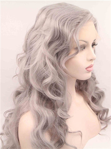 Long Pepper Silver Grey Wave Synthetic Lace Front Wig - FashionLoveHunter