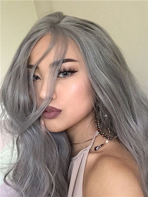Long Pepper Silver Grey Wave Synthetic Lace Front Wig - FashionLoveHunter
