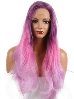 Long Purple Pink Blend Ombre Wave Synthetic Lace Front Wig - FashionLoveHunter