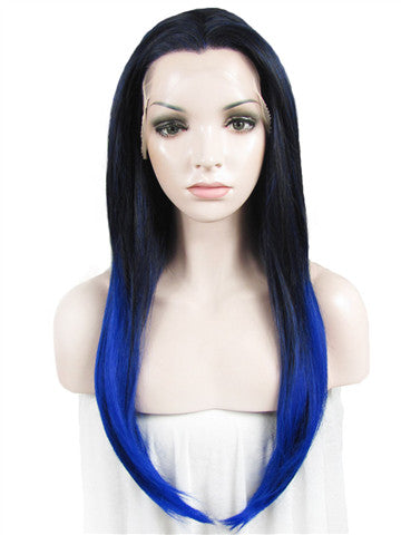 Long Dark Root Blue Highlight Ombre Straight Synthetic Lace Front Wig - FashionLoveHunter