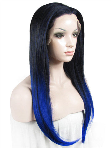 Long Dark Root Blue Highlight Ombre Straight Synthetic Lace Front Wig - FashionLoveHunter