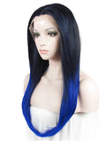 Long Dark Root Blue Highlight Ombre Straight Synthetic Lace Front Wig - FashionLoveHunter