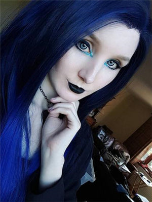 Long Dark Root Blue Highlight Ombre Straight Synthetic Lace Front Wig - FashionLoveHunter