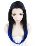 Long Dark Root Blue Highlight Ombre Straight Synthetic Lace Front Wig - FashionLoveHunter