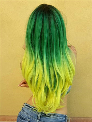 Long Forest Green To Yellow Ombre Straight Synthetic Lace Front Wig - FashionLoveHunter