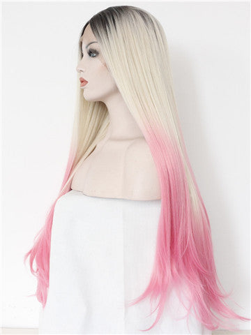 Long Warm Pink Strawberry Milkshake Ombre Synthetic Lace Front Wig - FashionLoveHunter