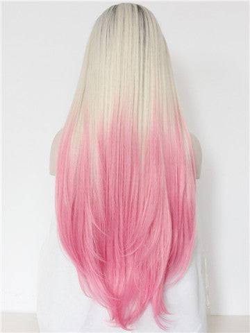 Long Warm Pink Strawberry Milkshake Ombre Synthetic Lace Front Wig - FashionLoveHunter