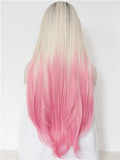 Long Warm Pink Strawberry Milkshake Ombre Synthetic Lace Front Wig - FashionLoveHunter