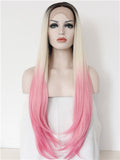 Long Warm Pink Strawberry Milkshake Ombre Synthetic Lace Front Wig - FashionLoveHunter