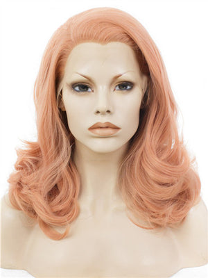 Middle-length Campsis Grandiflora Peach Pink Wave Synthetic Lace Front Wig - FashionLoveHunter