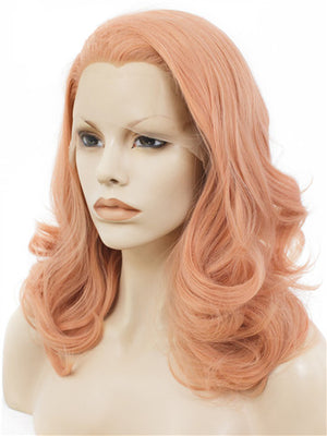 Middle-length Campsis Grandiflora Peach Pink Wave Synthetic Lace Front Wig - FashionLoveHunter