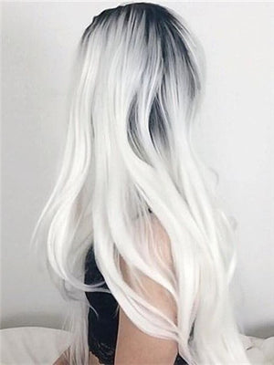 Long Black White Ombre Synthetic Lace Front Wig - FashionLoveHunter