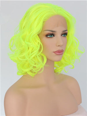 Short Bright Yellow Wave Bob Synthetic Lace Front Wig - FashionLoveHunter