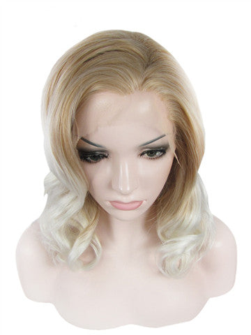 Short Ash Gold To Blonde Ombre Wave Bob Synthetice Lace front Wig - FashionLoveHunter