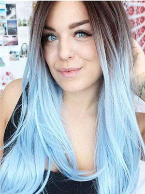Long Black To Sky Blue Ombre Straight Synthetic Lace Front Wig - FashionLoveHunter