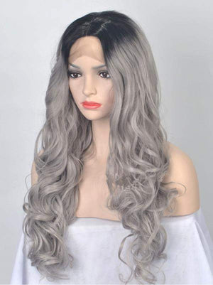 BLACK TO GREY OMBRE WAVY SYNTHETIC LACE FRONT WIG - FashionLoveHunter