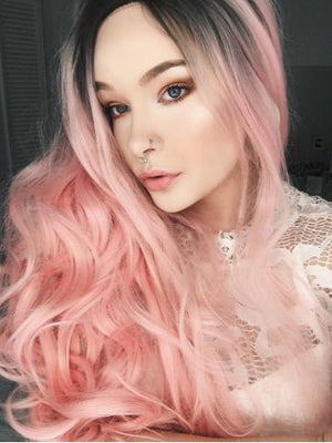 Long Black Root To Pastel Pink Bouncy Wavy Synthetic Lace Front Wig - FashionLoveHunter