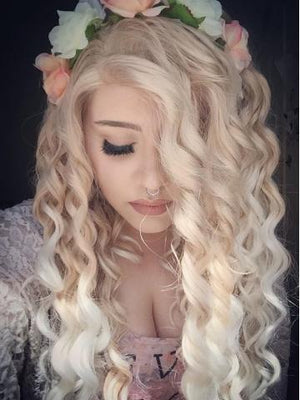 Long Light Golden To White Ombre Curly Synthetic Lace Front Wig - FashionLoveHunter