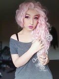 Imstyle Pink Mixed White Two Tone Color Curly Lace Front Synthetic Wig 26 inch