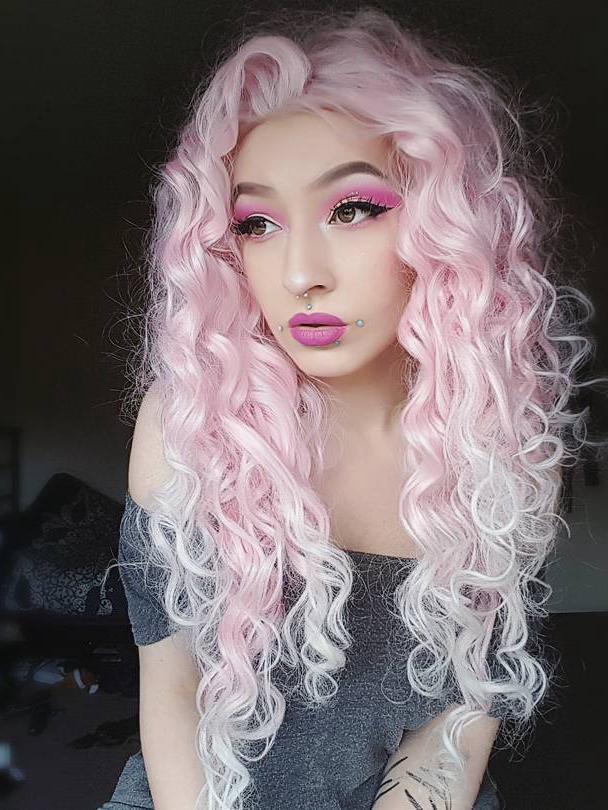Imstyle Pink Mixed White Two Tone Color Curly Lace Front Synthetic Wig 26 inch