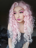 Imstyle Pink Mixed White Two Tone Color Curly Lace Front Synthetic Wig 26 inch