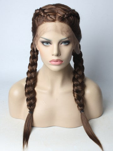 Long Braided Chocolate Brown Synthetic Lace Front Wig - FashionLoveHunter