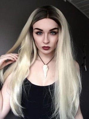 Long Black Root To Blonde #613 Ombre Straight Lace Front Wig - FashionLoveHunter
