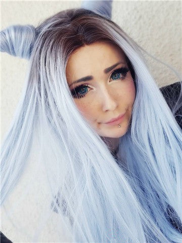 Long Black To Sky Blue Ombre Straight Synthetic Lace Front Wig - FashionLoveHunter