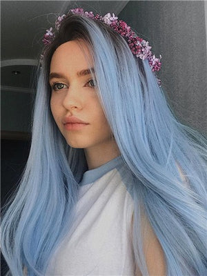 Long Black To Sky Blue Ombre Straight Synthetic Lace Front Wig - FashionLoveHunter