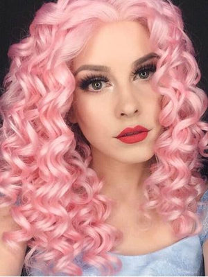 20 Inch Pink Curly Synthetic Lace Front Wig - FashionLoveHunter