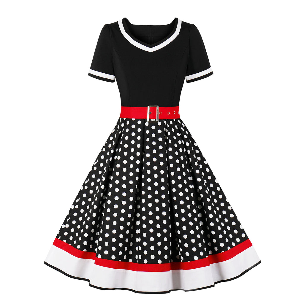 1950s Elegant Casual Black Floral Print Patchwork V Neck Short Sleeve Robe Pin Up Swing Vintage Dresses