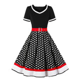 1950s Elegant Casual Black Floral Print Patchwork V Neck Short Sleeve Robe Pin Up Swing Vintage Dresses