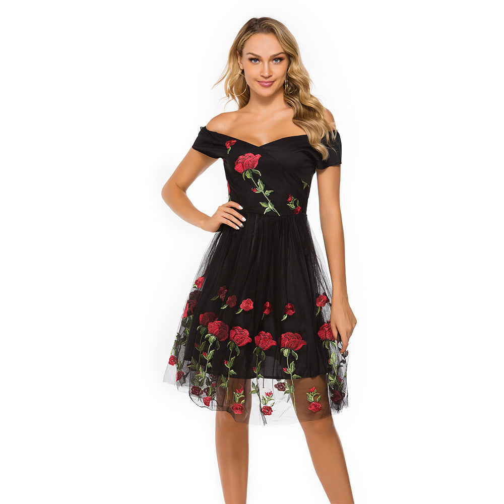 Black 1950s Peony Embroidery Dress