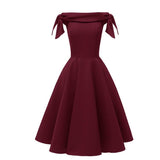 Wine Red 1950s Off Shoulder Bow Dress